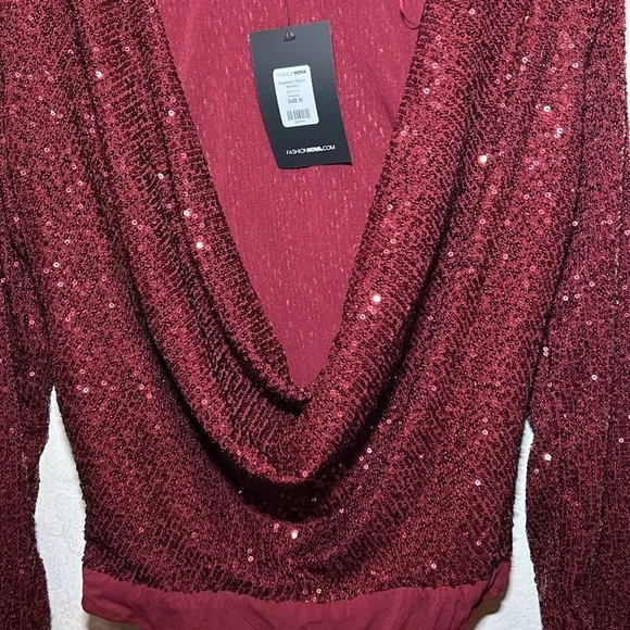 Obsession Sequin Bodysuit Burgundy Size Medium NWT - Picture 4 of 7